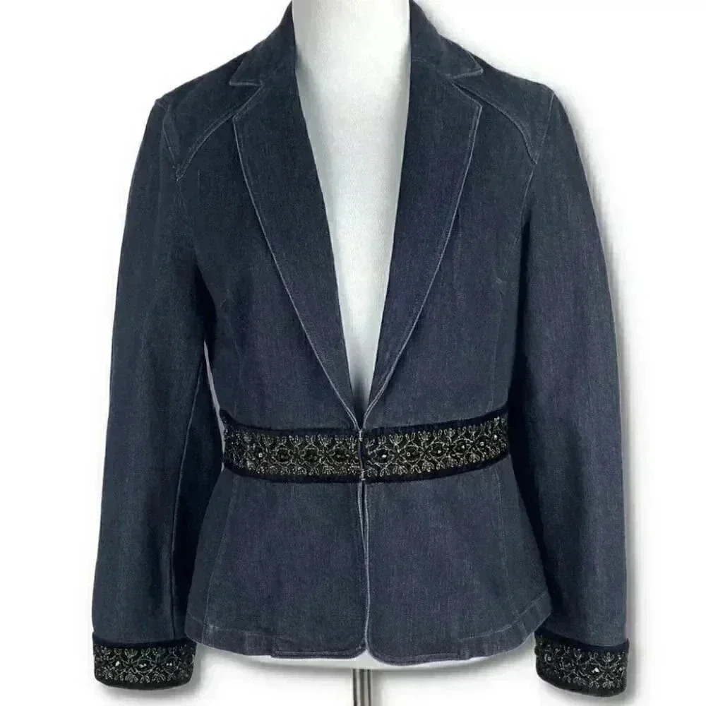 Nine West womens blazer size S blue Jean jacket gold denim vintage 90s western